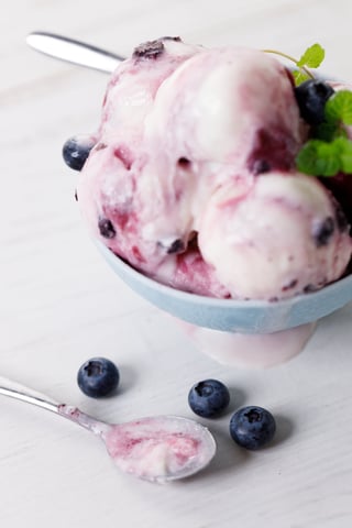 Blueberry yogurt ice cream with fresh blueberries and mint leaves