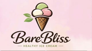 BareBliss Healthy Ice Cream logo featuring an ice cream cone with three scoops and green leaves on a pink background